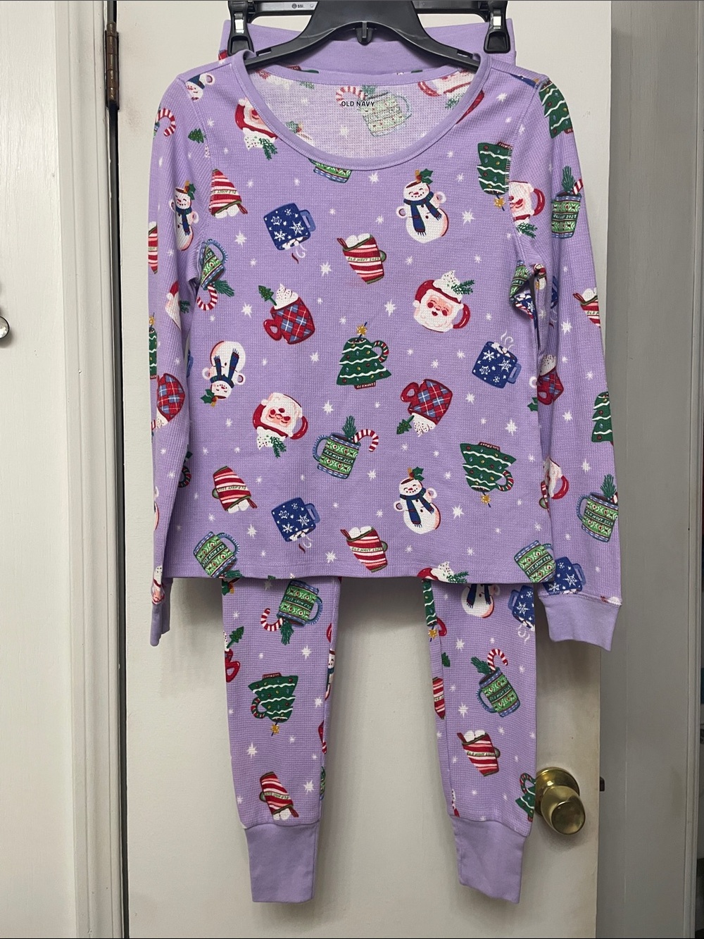 Old Navy Lavender Holiday Pajama Set with Santa & Snowmen